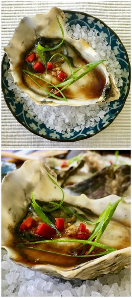 Freshly shucked oysters drizzled with an Asian vinaigrette, with fresh chili pepper and grated ginger - Asian Fresh Oysters Recipe