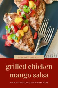 The ultimate summer recipe, easy to make and delicious. Bbq grilled chicken with fresh mango, tomatoes, jalapeños, peppers and cilantro - Grilled Chicken Mango Salsa