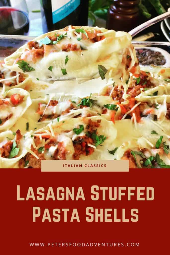 Delicious Italian jumbo pasta shells stuffed with beef bolognese covered in béchamel sauce and mozzarella parmesan cheese - Lasagna Stuffed Shells with Béchamel (Conchiglioni)