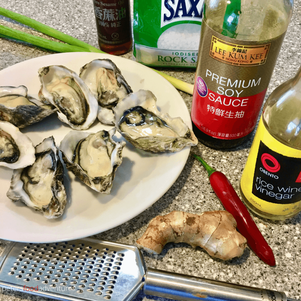 fresh oysters beside asian dressing
