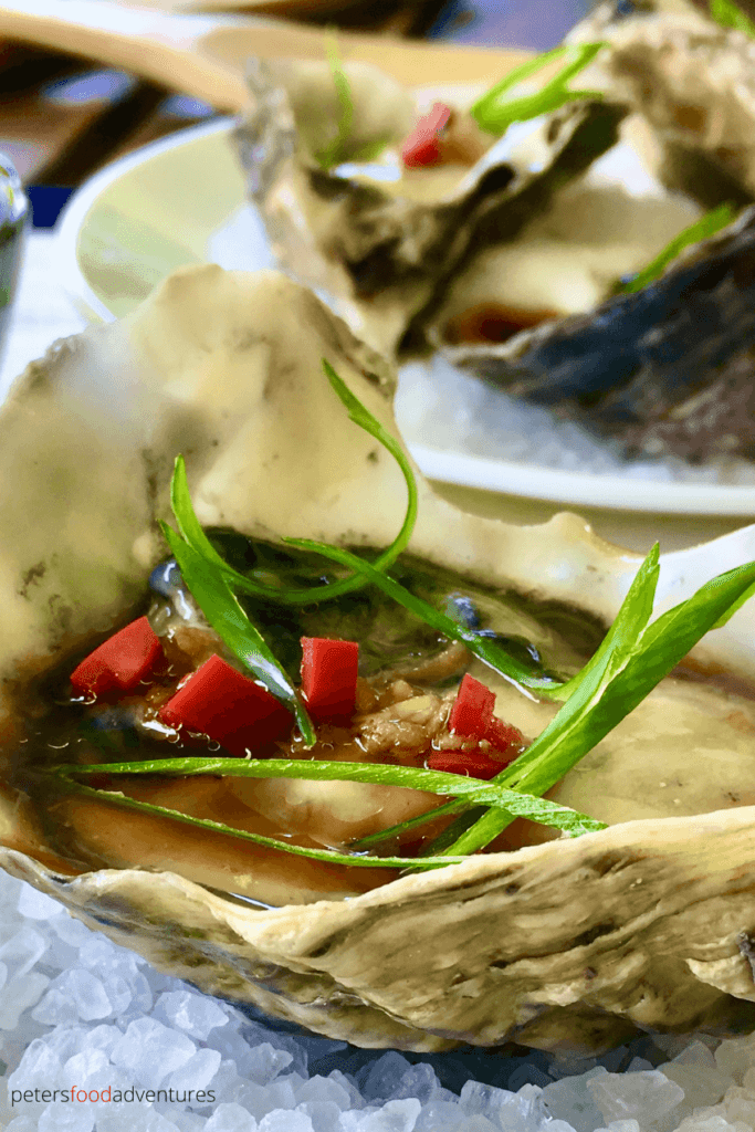 Freshly shucked oysters drizzled with an Asian vinaigrette, with fresh chili pepper and grated ginger. You'll definitely fall in love with my Asian Oyster Dressing!