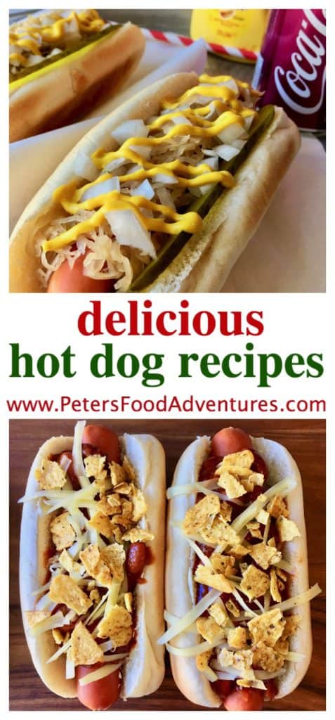 My favorite Hot Dog Recipes. Tex-Mex Hot Dogs with chili, cheese and Doritos, and a delicious Sauerkraut Hot Dog with dill pickles, onion and tasty mustard! Hot Dog Topping Ideas Recipes