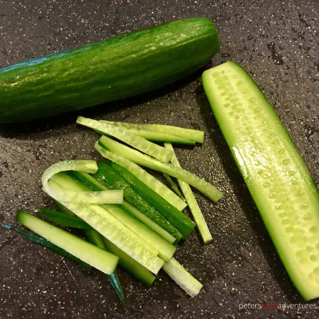 slicing cucumbers into strips