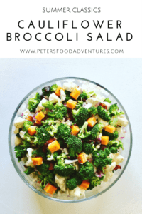 Love this salad! A summer potluck favorite - Jam packed with antioxidant rich Broccoli and healthy Cauliflower, balanced out with the goodness of bacon and cheddar cheese. So easy to make, with an easy homemade dressing - Creamy Bacon & Cheese Broccoli Salad Recipe