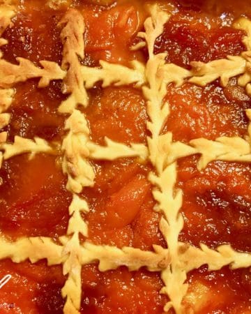 A rustic treat with sweet homemade apricot jam, generously spread on a Russian sweet yeast dough called Sdobnoe (сдобное тесто). Not your ordinary pie pastry, almost a cake or slice, so delicious and so Russian - Apricot Pirog Pie (Пирог из дрожжевого теста с вареньем)