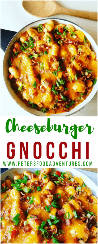 Cheeseburger Gnocchi is the best way to enjoy gnocchi, a one pot wonder! Bacon Cheeseburger inspired with seasoned ground beef, tomatoes, red peppers, gooey melted cheddar cheese. Tasty bacon and potato dumpling skillet gnocchi