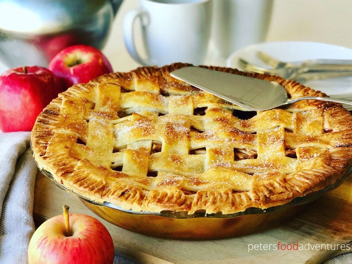 apple pie with lattice crust on a table