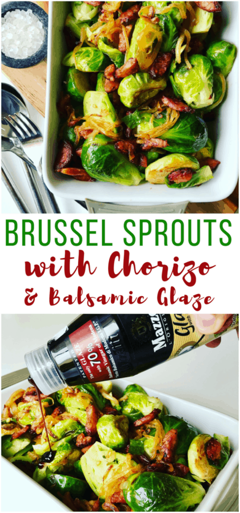 These Chorizo Brussel Sprouts are so easy to make and full of flavor. A perfect side dish for your Christmas, Thanksgiving or holiday celebration table - Brussel Sprouts with Chorizo and Balsamic Glaze