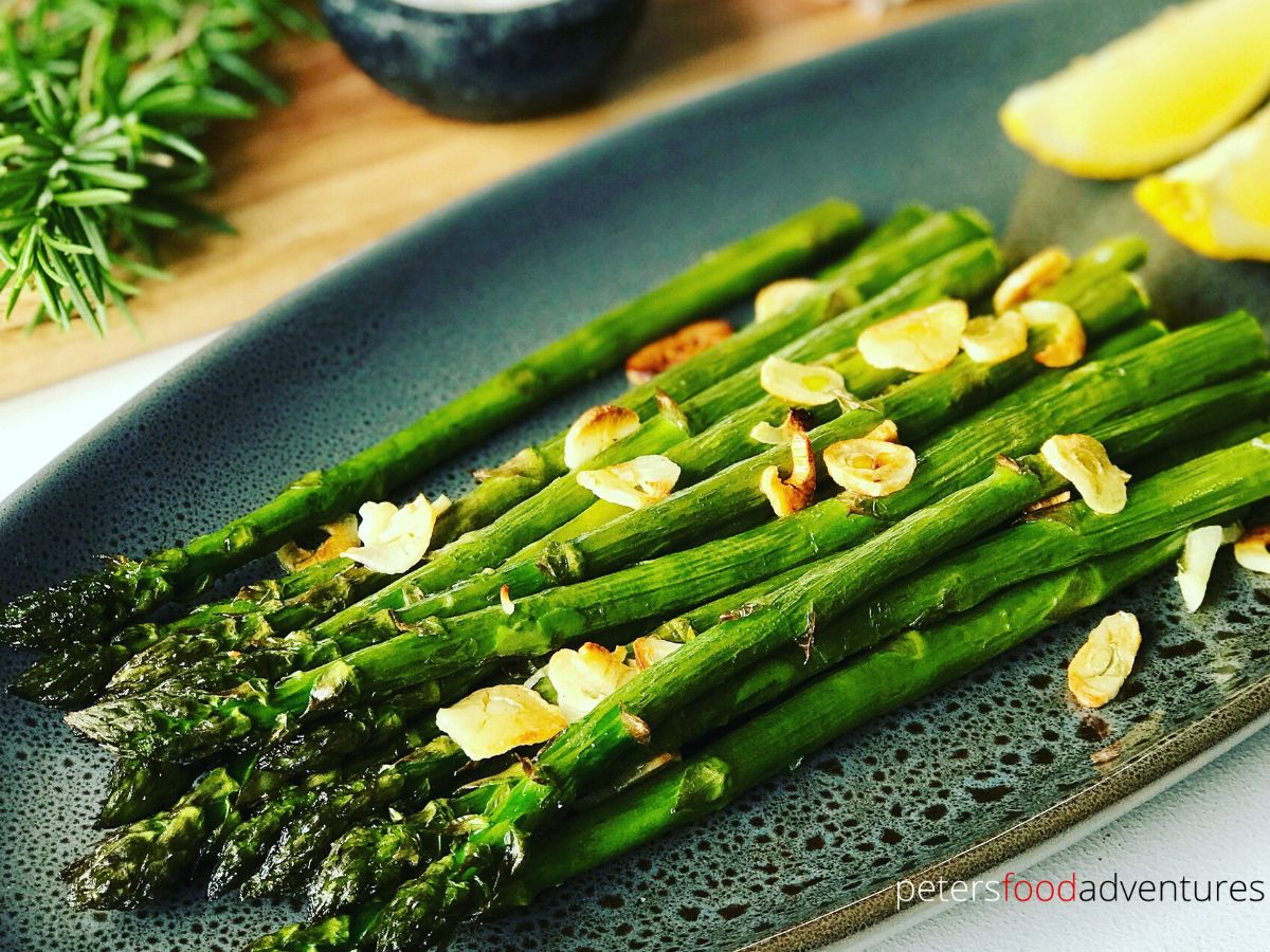 roasted garlic asparagus on a platter
