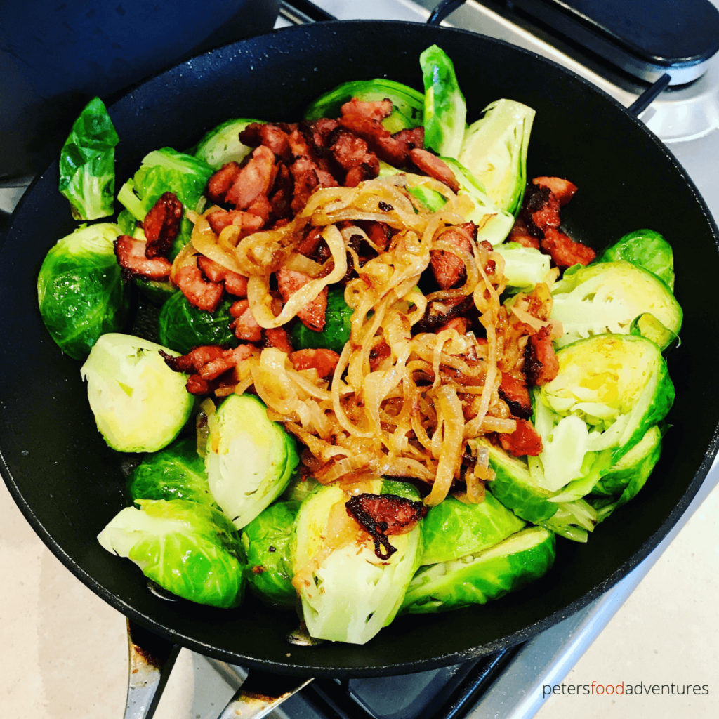 skillet brussel sprouts with onion and chorizo