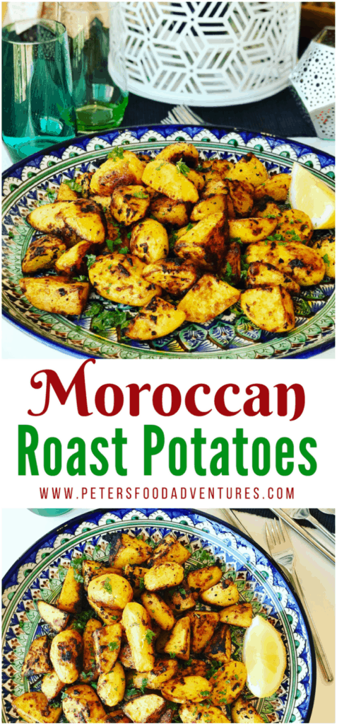 So easy to make this side dish of crispy roasted potatoes, jam packed with spices like cumin, paprika, turmeric and optional spicy Harissa! No par-boiling, just crispy roasted on a baking sheet, perfect with your roast chicken dinner or a tagine meal! Easy Moroccan Roasted Potatoes