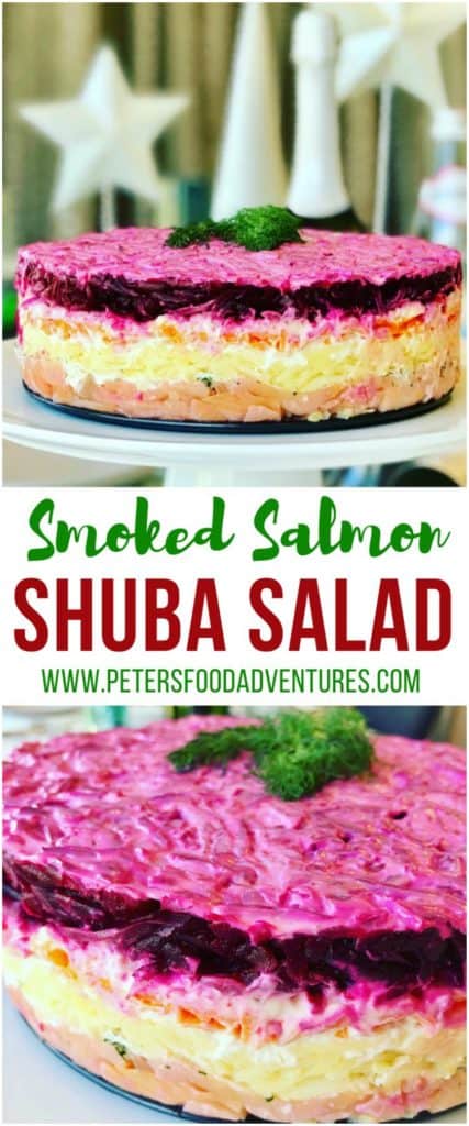 Shuba Salad with Salmon (Шуба с лососем) is my favorite way to eat a classic Russian salad (also called Herring Under a Fur Coat). Served at celebrations and special events like New Years, Christmas, and even weddings. A Russian potato salad with beets, carrots, eggs, potatoes, dill and smoked salmon!