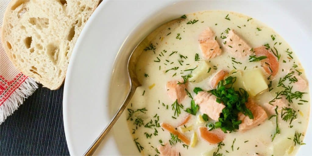 A creamy Salmon and potato soup or creamy ukha soup. Made with a fish head broth. Lohikeitto - Finnish Fish Soup (Финская уха)
