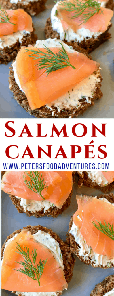 An easy to make appetizer, ready in minutes! Smoked Salmon, dill cream cheese on rye bread rounds (or pumpernickel). This simple 4 ingredients recipe is the perfect salmon canape for the holidays. Smoke Salmon Appetizer