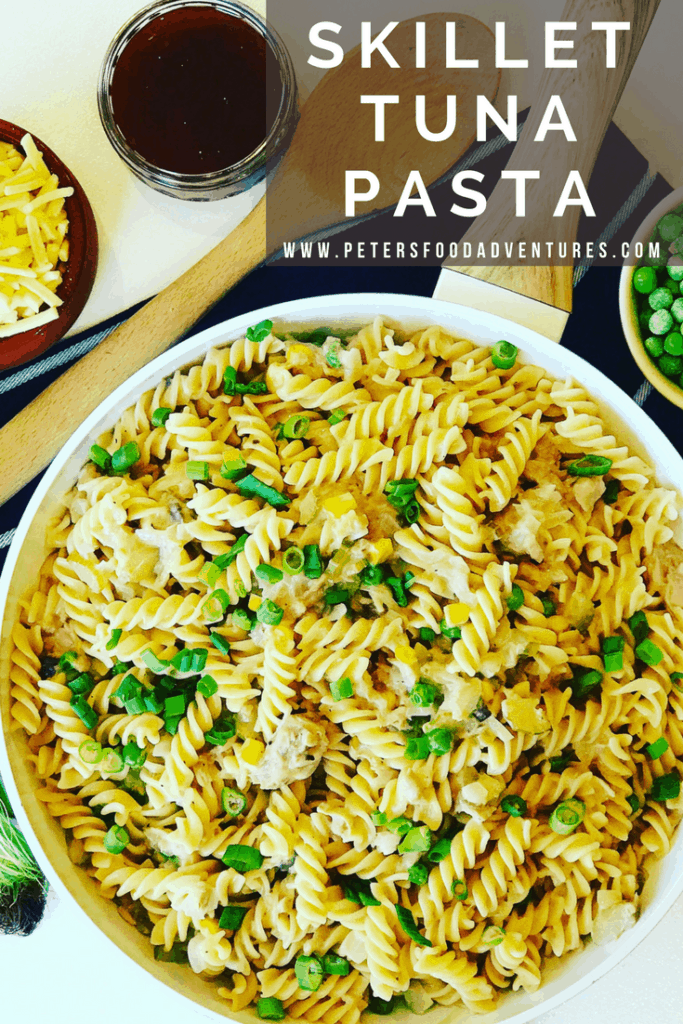 This creamy Tuna Pasta is easy to make, perfect for lunch of dinner! It's like a Potato Bake including the crunchy topping, but made as a one pan skillet meal. A tasty budget meal that's made with canned Cream of Mushroom Soup recipe.