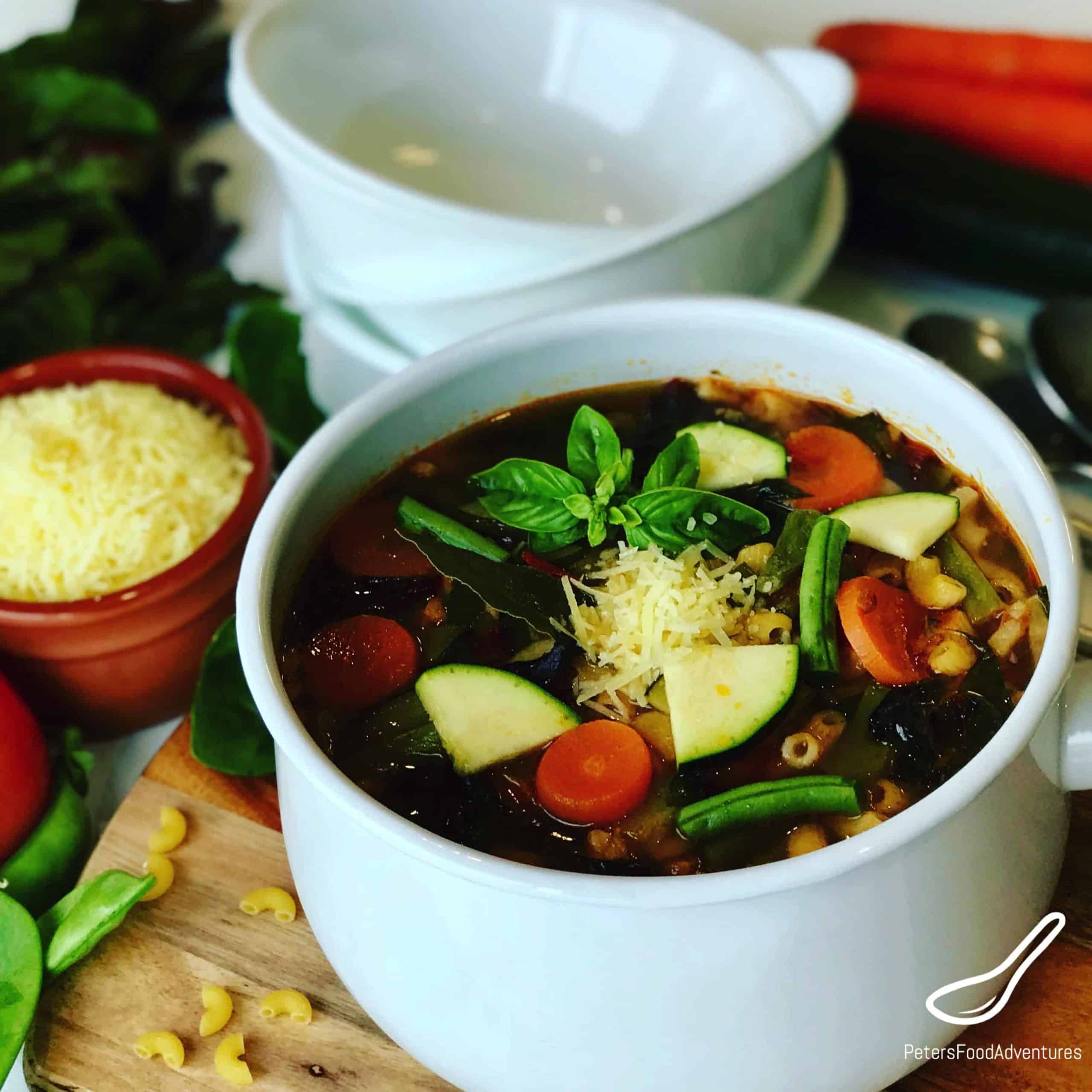 Overflowing with garden veggies? Make this Vegetable Minestrone Soup that's loaded with flavor and packed with vitamins from fresh vegetables. An Italian classic comfort food, delicious, healthy and hearty. Summer Minestrone.