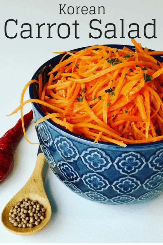 A delicious Carrot Salad recipe from Russia called morkovcha, with roots of Korean immigrants. Thinly julienned carrots with garlic, vinegar, spices and onions in hot oil. A family favorite. (Морковь по-корейски)