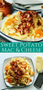 This Easy Sweet Potato Mac and Cheese is made with Swiss Cheese and bacon. It's the tastiest comfort food, perfect to eat any time of year, one of my favorite sweet potato recipes!