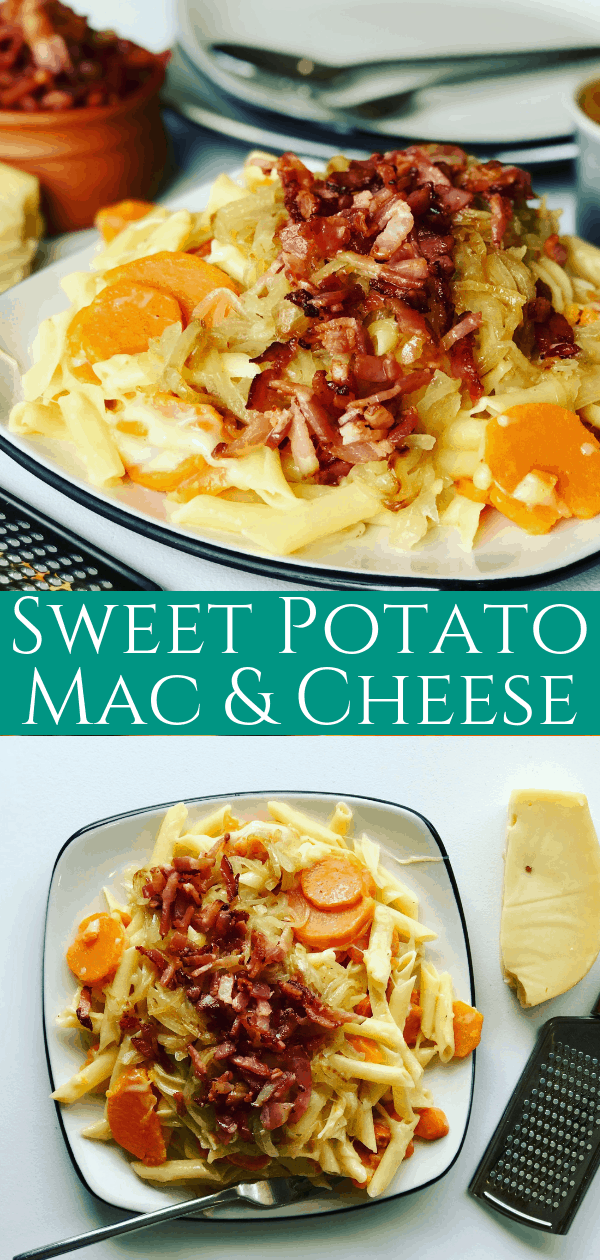 This Easy Sweet Potato Mac and Cheese is made with Swiss Cheese and bacon. It's the tastiest comfort food, perfect to eat any time of year.