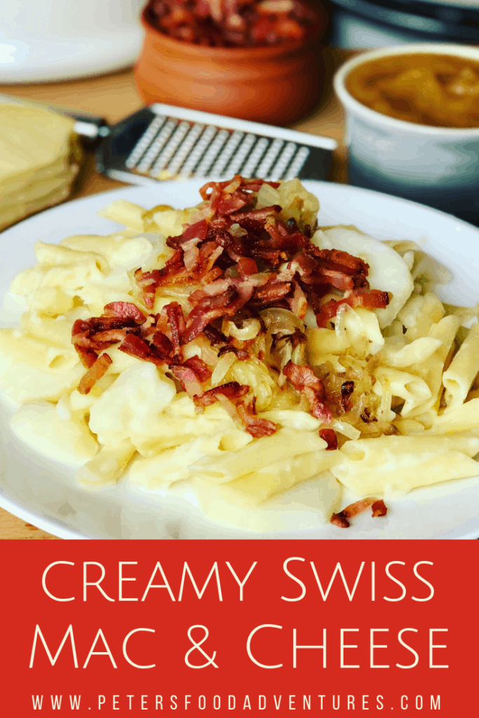 Alplermagronen - Swiss Mac and Cheese is the ultimate Alpine comfort food. Macaroni, Swiss cheese, potatoes, caramelized onions, and bacon, served with apple sauce. Your family will love this dinner recipe! Swiss Mac and Cheese with Potatoes (Älplermagronen)