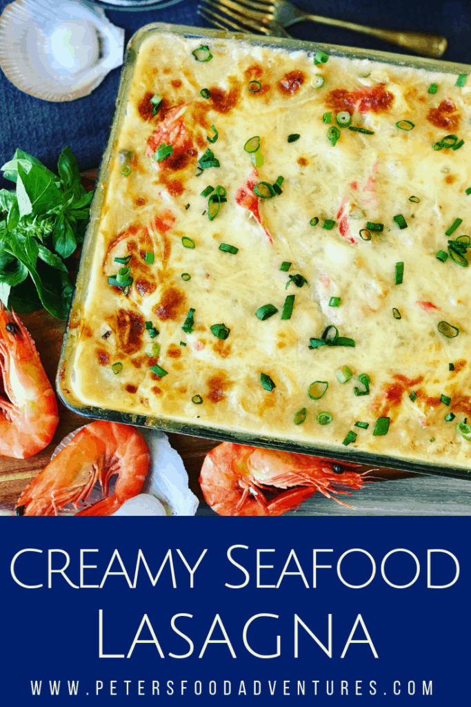 This Easy Seafood Lasagna is made with mushroom soup, shrimp, scallops and imitation crab. Rich and creamy family dinner favorite.