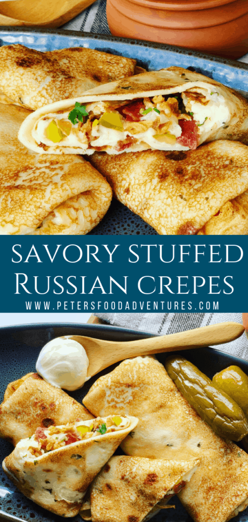 Savory Crepes - Russian Farmer's Style (Блин Фермерский) - A new Russian classic made famous by Teremok. Russian comfort food, Kefir blini with mashed potatoes, bacon, pickles and crispy onions.