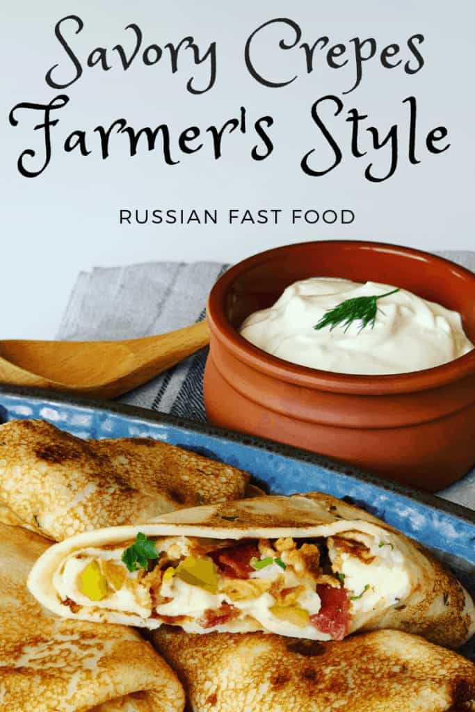 Savory Crepes - Russian Farmer's Style (Блин Фермерский) - A new Russian classic made famous by Teremok. Russian comfort food, Kefir blini with mashed potatoes, bacon, pickles and crispy onions.