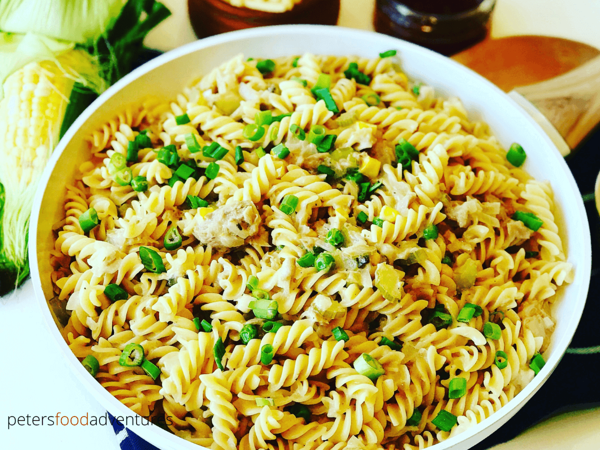 tuna pasta in a skillet with green peas