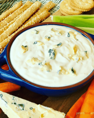 Homemade Blue Cheese Dip that's so easy to make. An awesome Super Bowl snack, perfect for dipping buffalo wings, celery sticks, vegetables and crackers. Delicious creamy, tangy chunky Bleu Cheese dip.