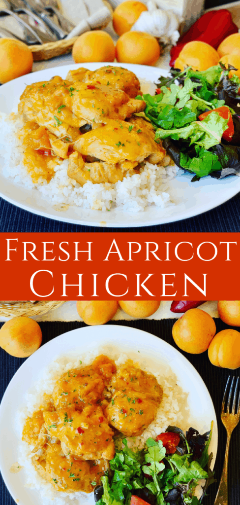apricot chicken on a plate, pinterest pin