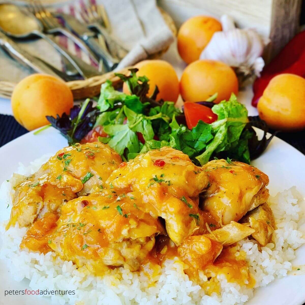 apricot chicken on a plate with salad