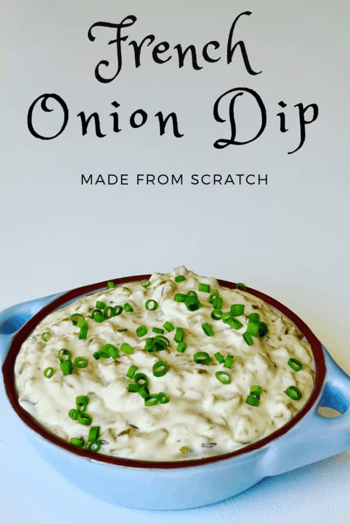 french onion dip in a blue bowl