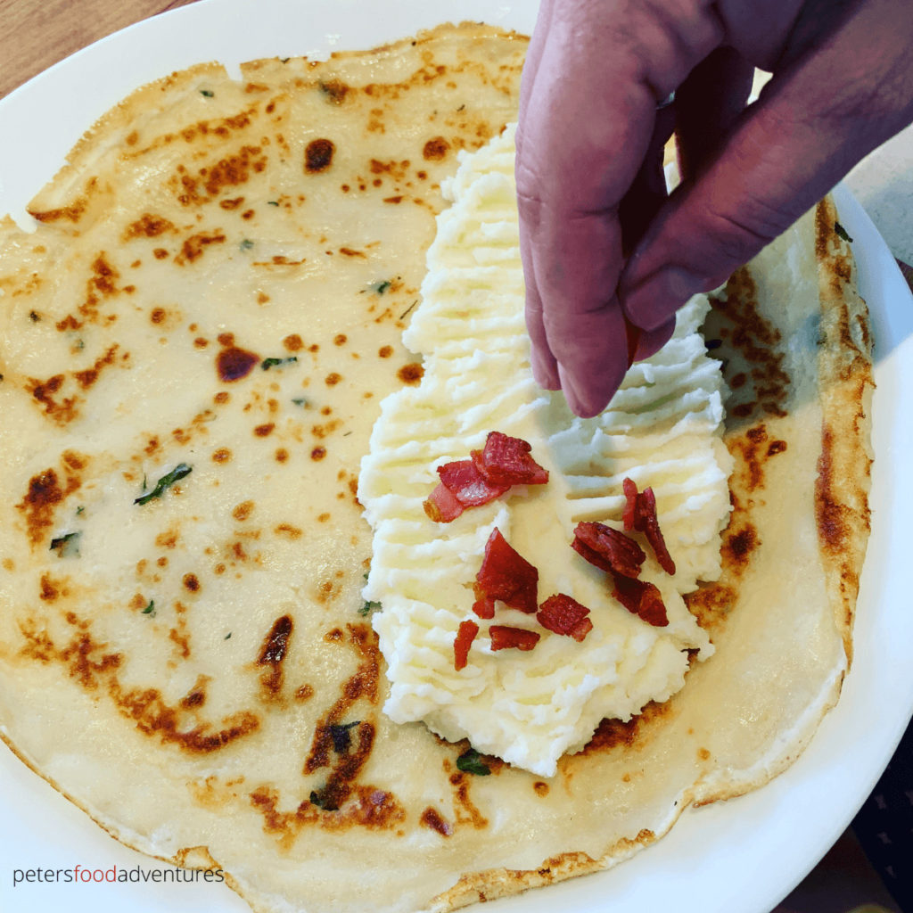 making savory crepes with potato and bacon