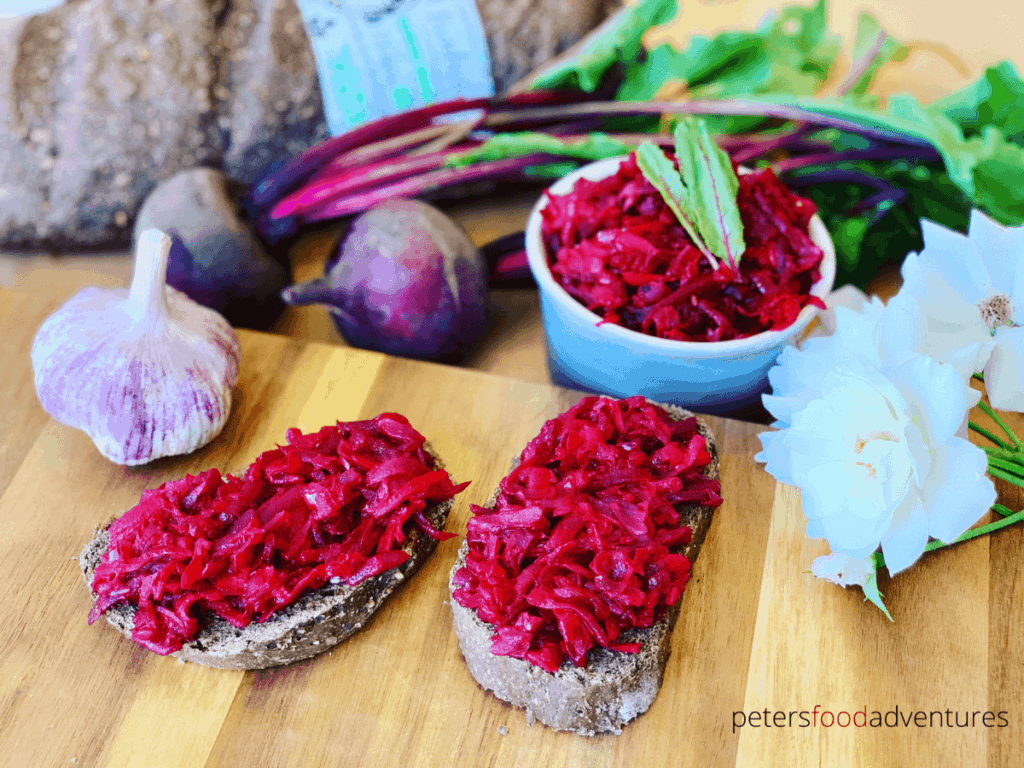 Russian Beetroot Dip or Beetroot Caviar (Свекольная икра) is vegan, gluten free, dairy free, vitamin packed snack. Perfect for your next holiday party of summer bbq or potluck.