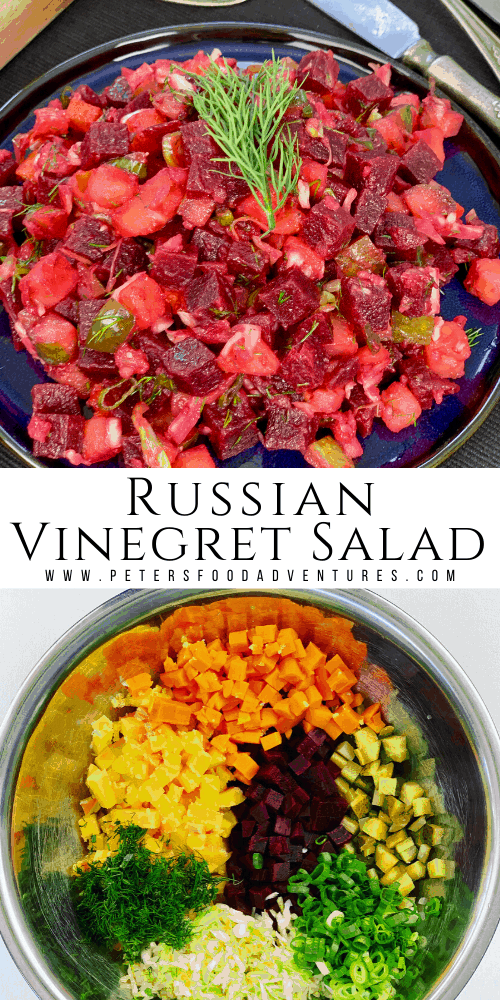 A classic Russian Vinegret Beet and Potato Salad, popular across Eastern Europe. A healthy, hearty and delicious salad with beets, potatoes, carrots, pickled cabbage, dill and pickles. Vegan and gluten free, tastes even better the next day!