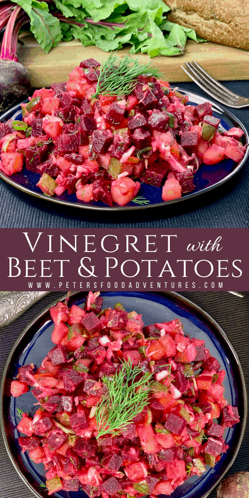 A classic Russian Vinegret Beet and Potato Salad, popular across Eastern Europe. A healthy, hearty and delicious salad with beets, potatoes, carrots, pickled cabbage, dill and pickles. Vegan and gluten free, tastes even better the next day!