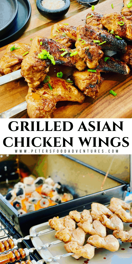 Grilled Chicken Wings are a summer bbq favorite. Make it on skewers on a grill over hot coals. Asian Marinade with Garlic Soy that flavors right to the bone.