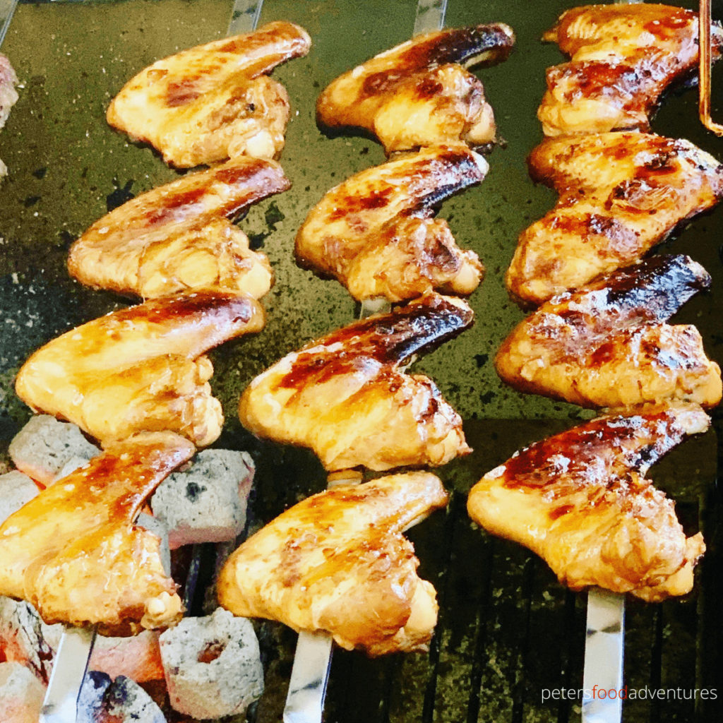 grilling chicken wings on skewers