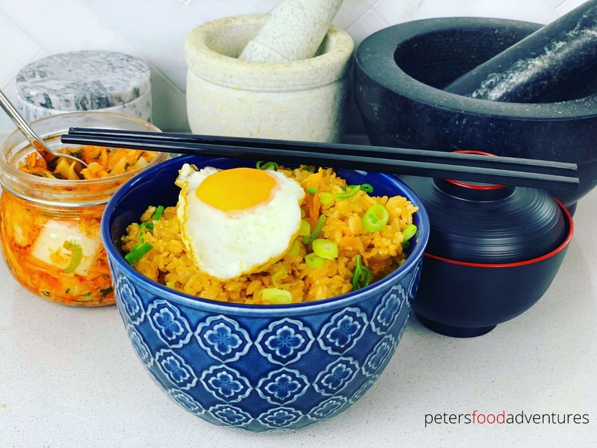 korean fried rice in a bowl with kimchi