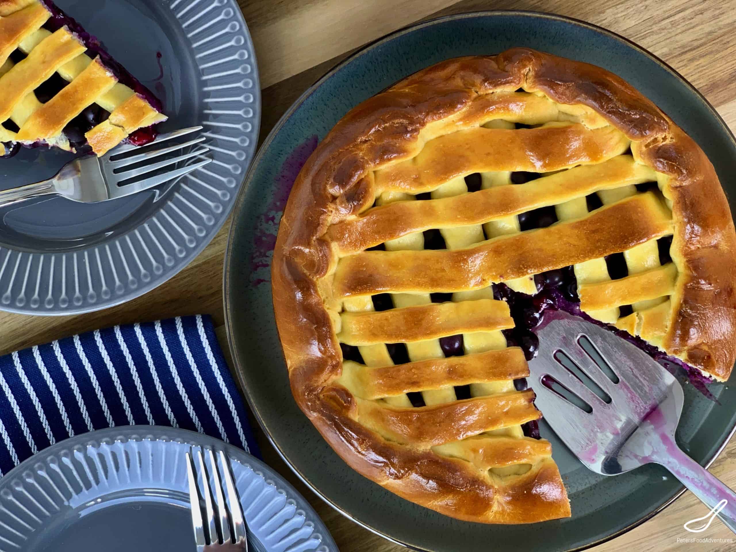 Looking top down on a lattice blueberry pie