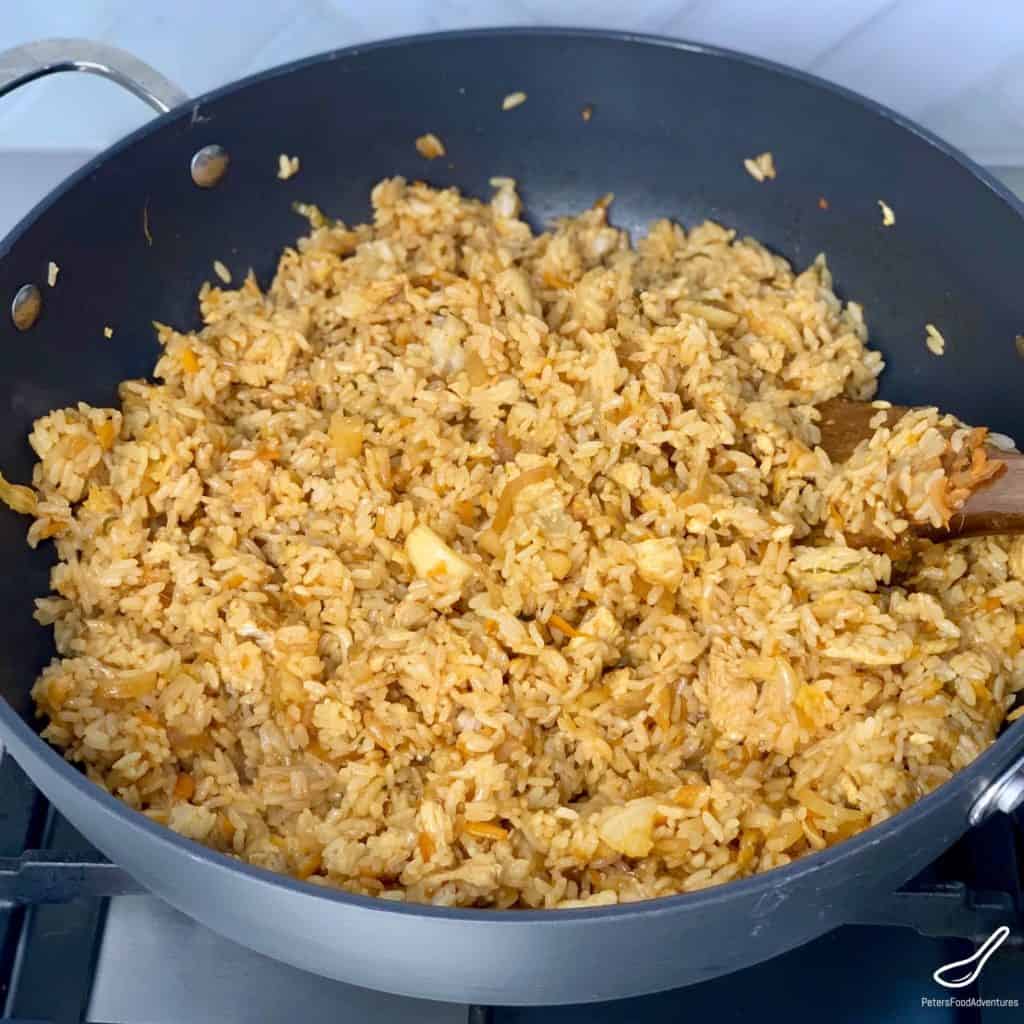 kimchi fried rice in a wok