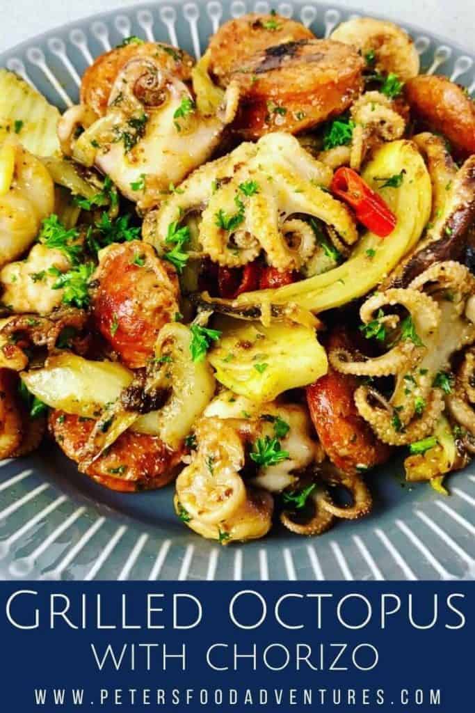 This is my favorite way to eat grilled octopus. Spicy and smoky chorizo compliment the octopus with fennel, making this recipe taste extraordinary! Perfect for lunch, brunch, or as a meze appetizer. So easy and so delicious.