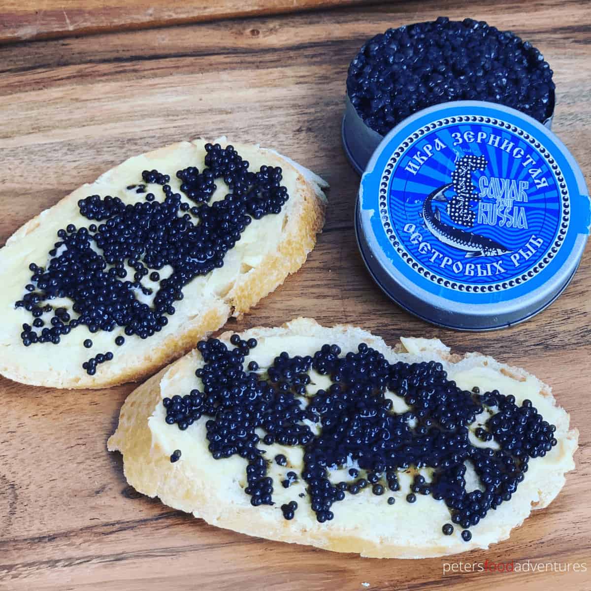black caviar spread on buttered bread