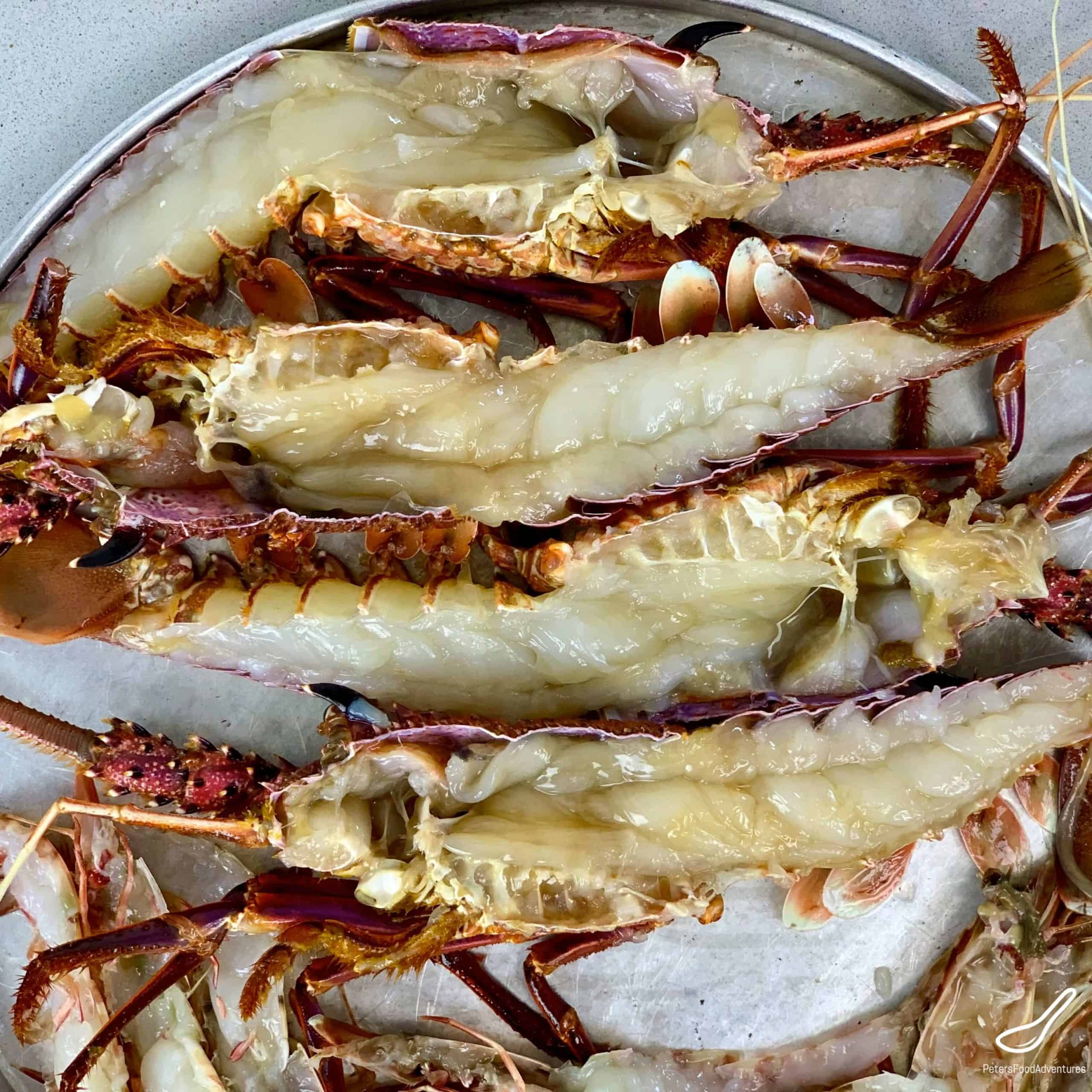 Rock lobsters sliced in half lengthways