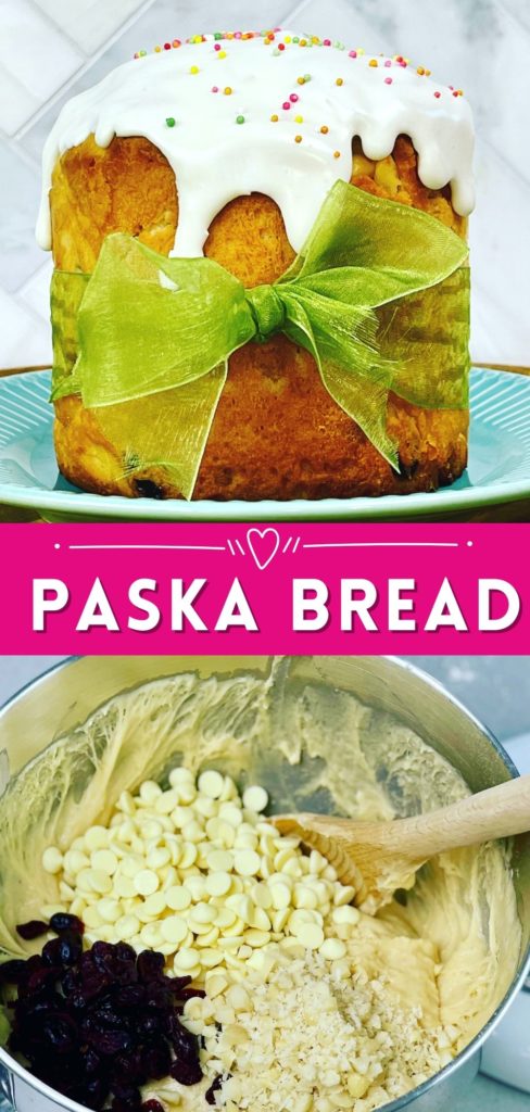 paska bread tied with a ribbon over bowl of ingredients