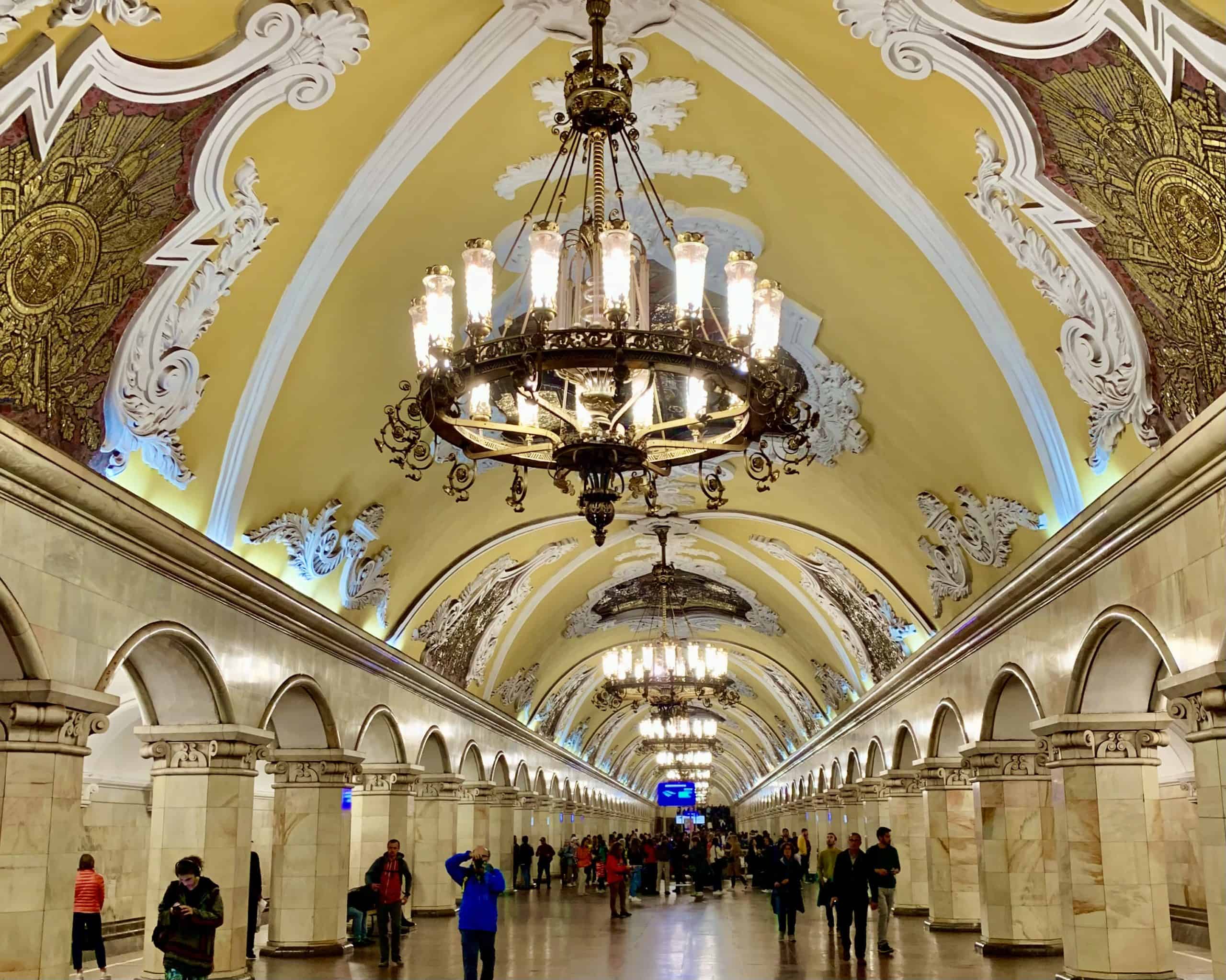 Komsomolskaya metro station with chandeliers