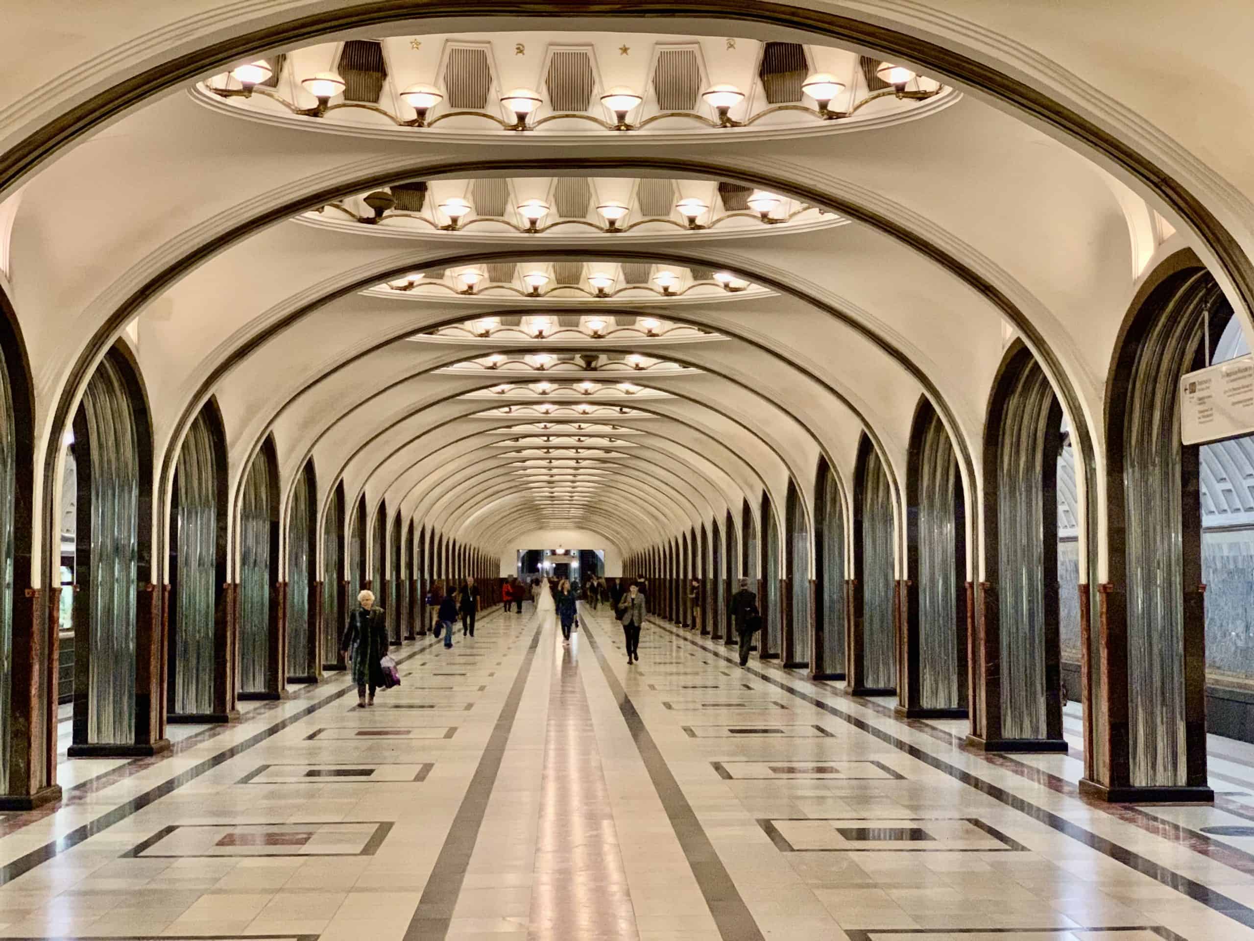 Mayakovskaya Station with polished steel archways