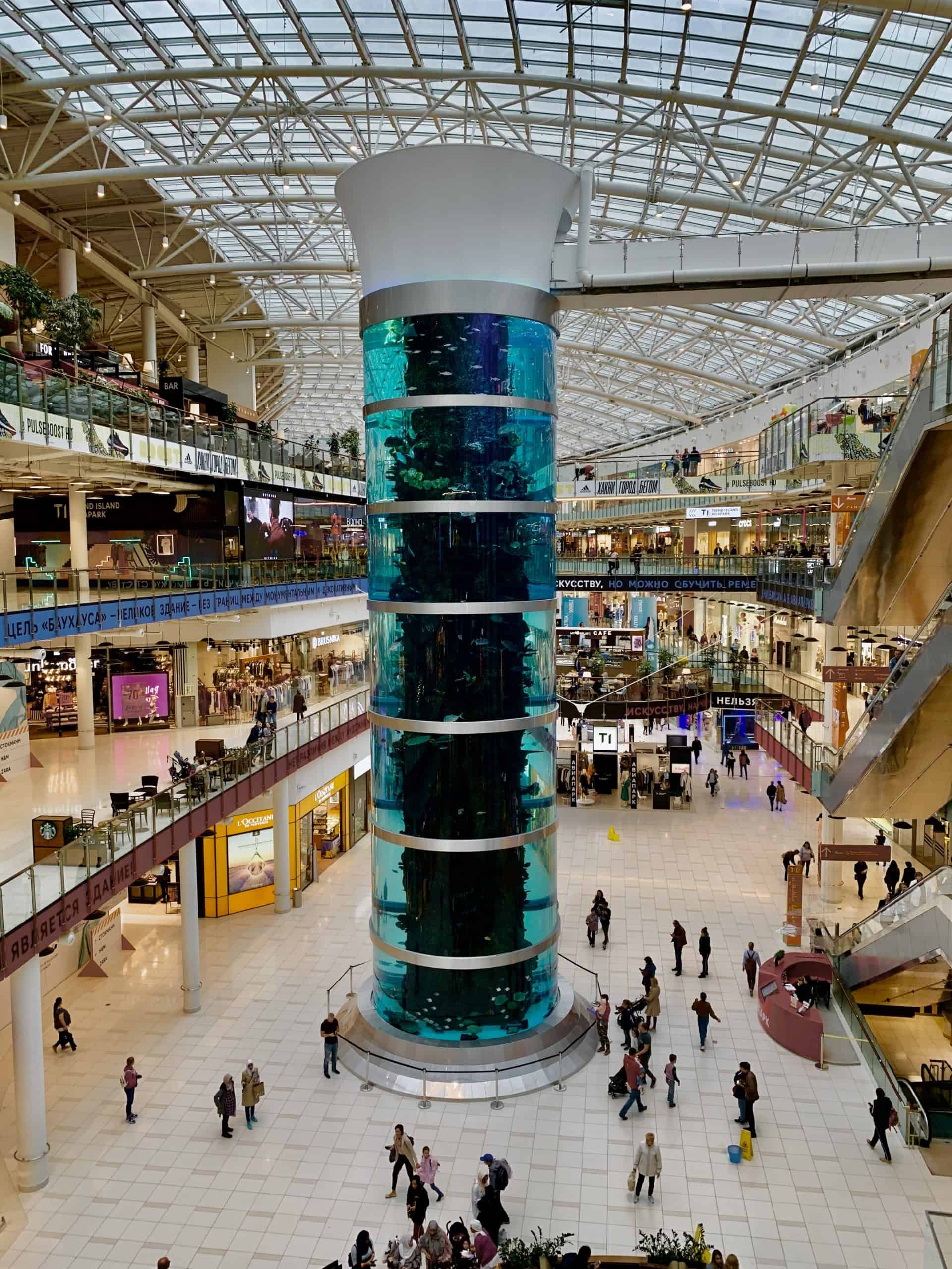 largest cylindrical aquarium in the world in aviapark mall moscow