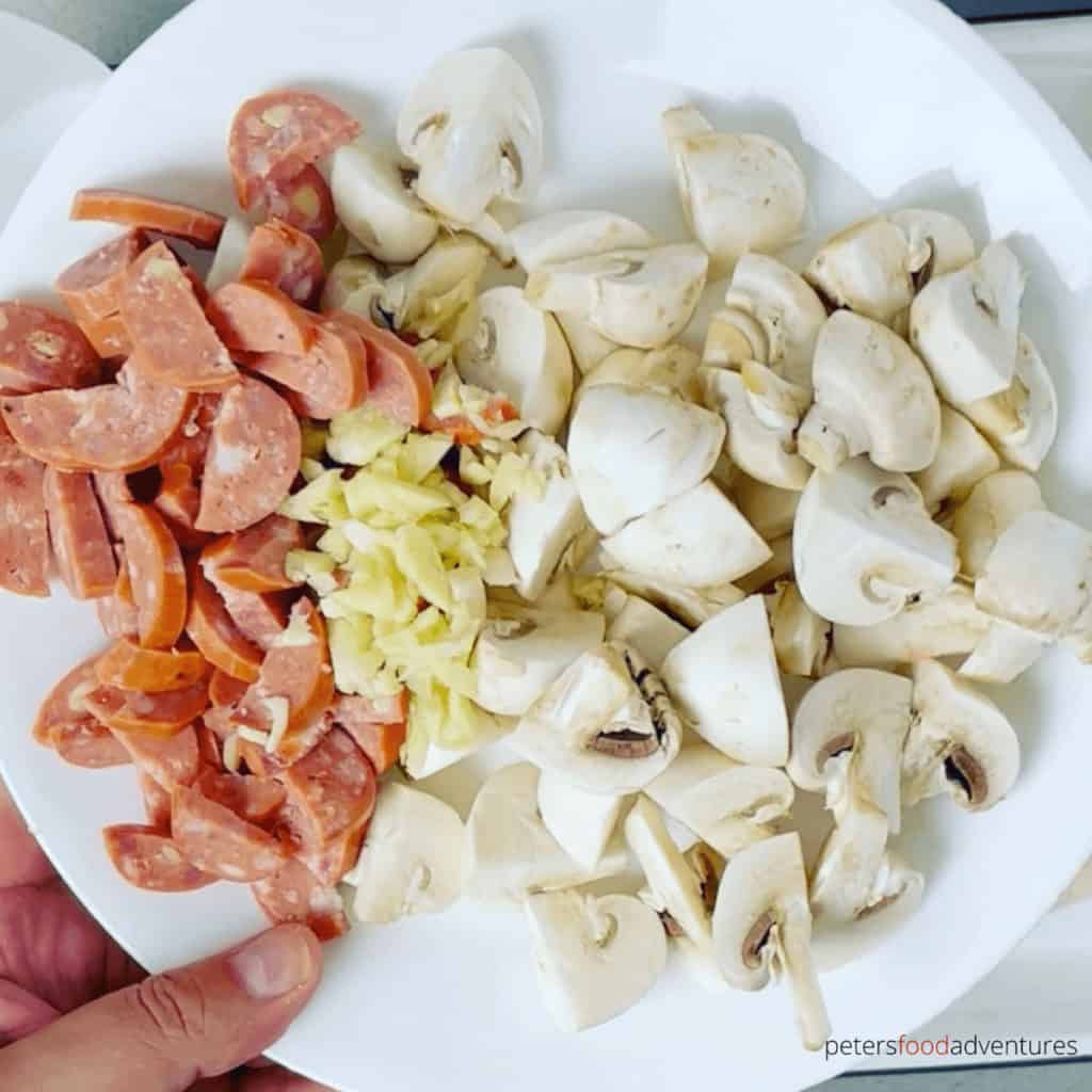 mushrooms chorizo gnocchi on a plate