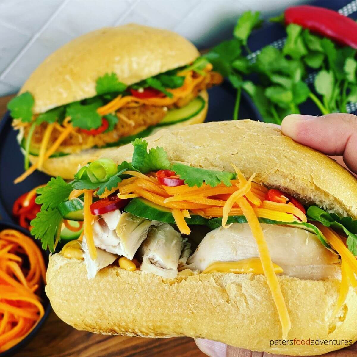 hand holding a banh mi sandwich with chicken